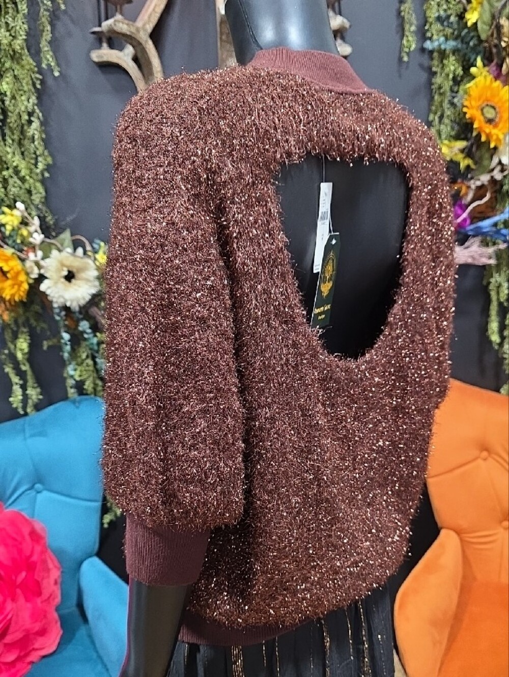 Maeve Sparkle Open-Back Sweater in Brown - Picture 2 of 10